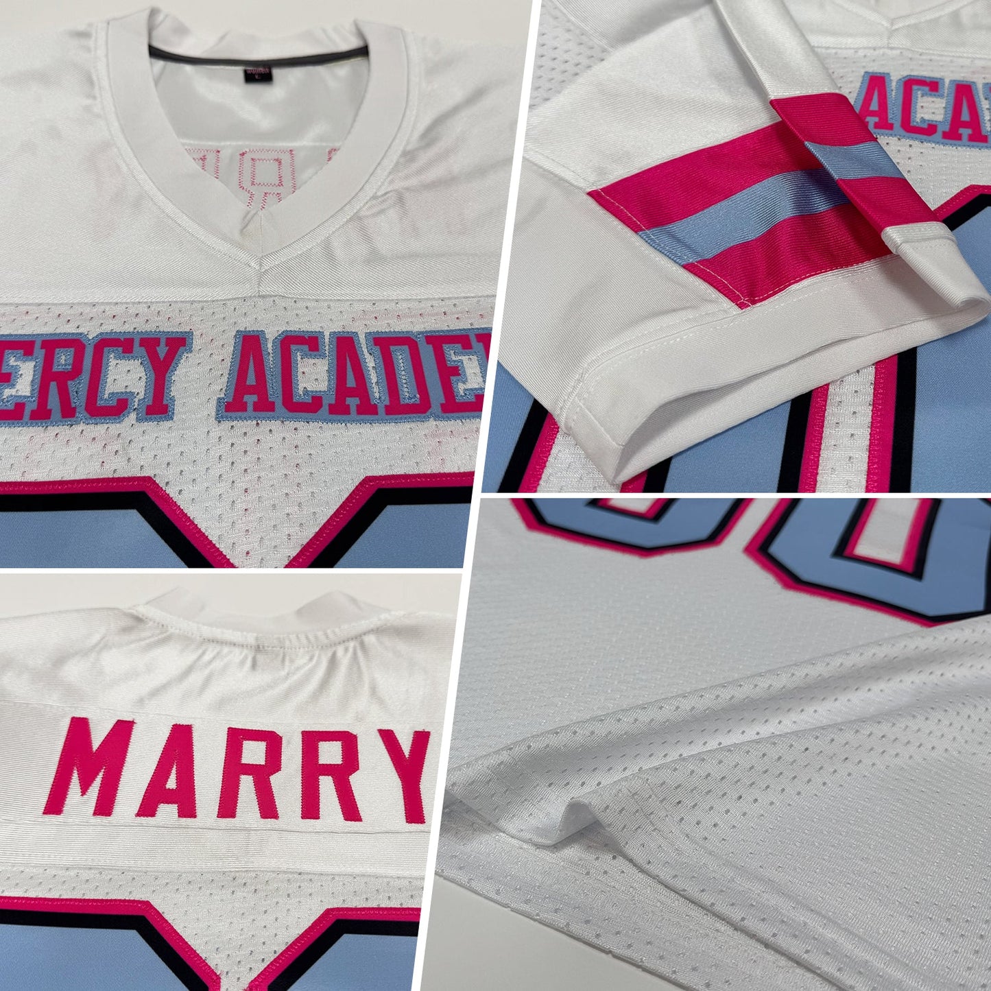 Custom White Light Blue-Pink Mesh Authentic Football Jersey view 2