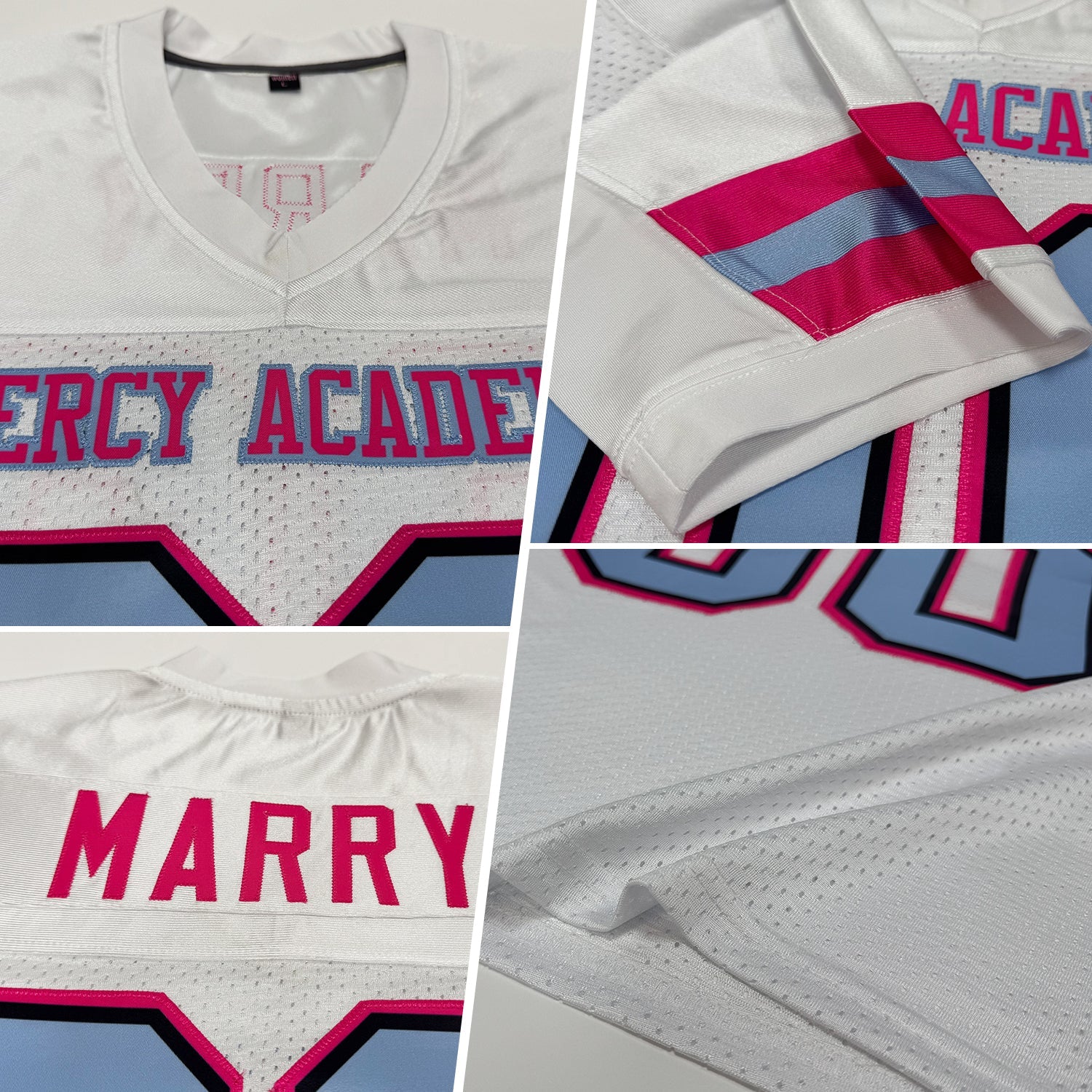 Custom White Light Blue-Pink Mesh Authentic Football Jersey view 2