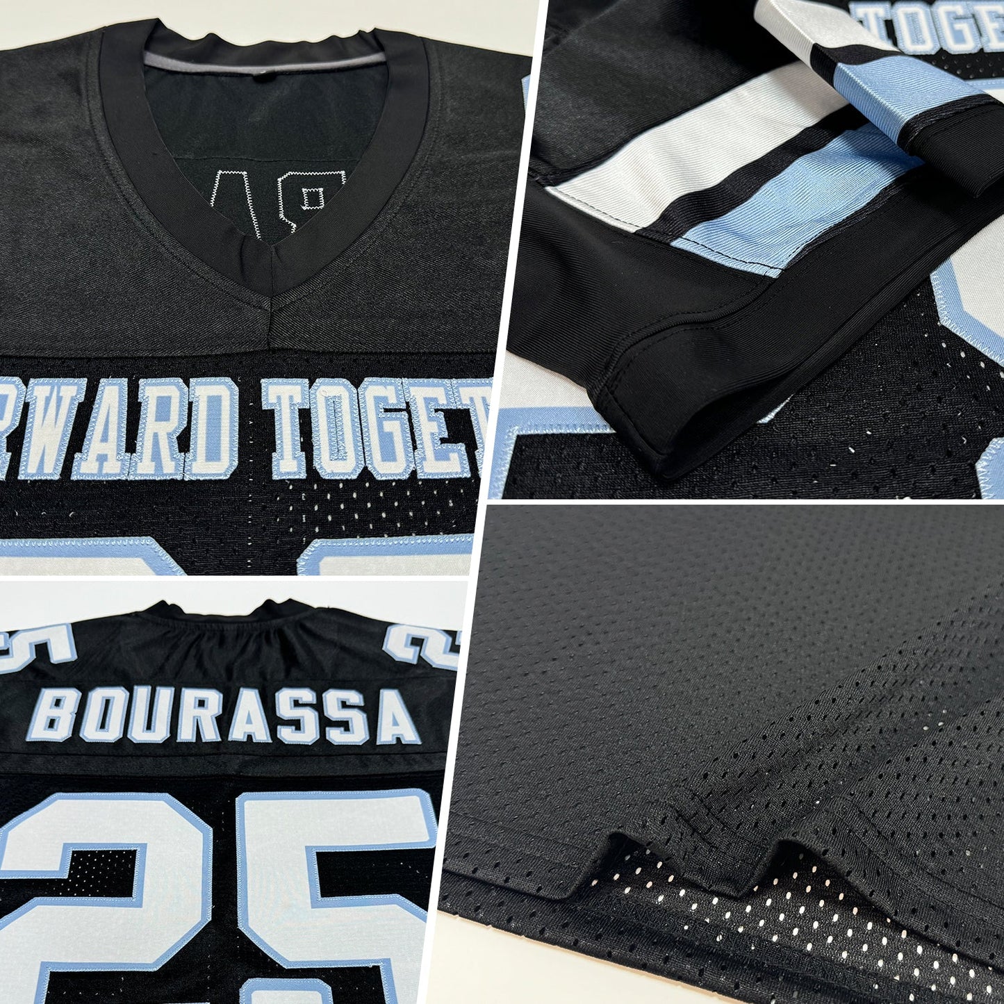 Custom Black White-Light Blue Mesh Authentic Football Jersey view 2