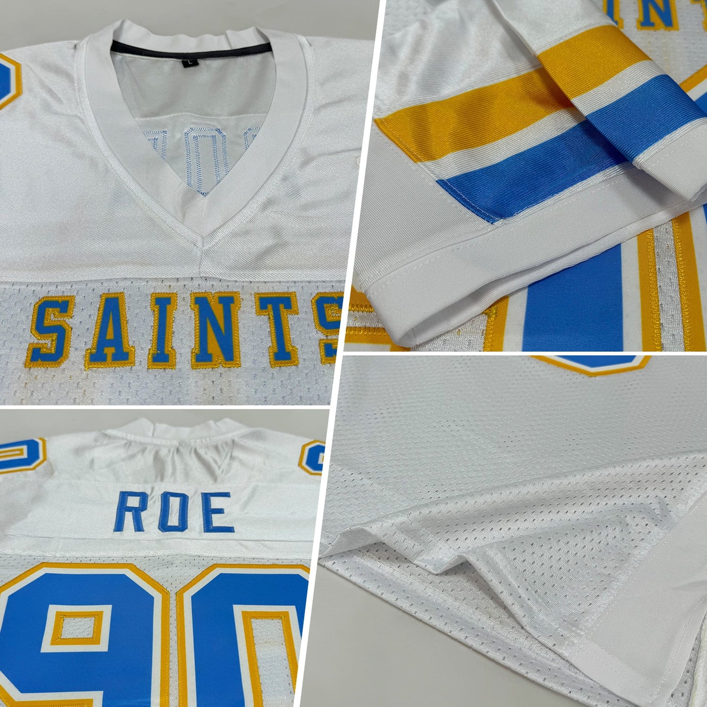 Custom White Light Blue-Gold Mesh Authentic Football Jersey view 2