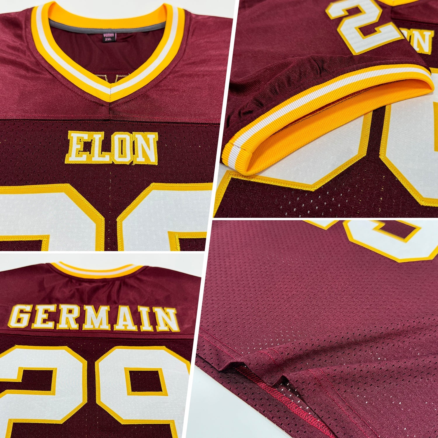 Custom Burgundy White-Gold Mesh Authentic Throwback Football Jersey view 2
