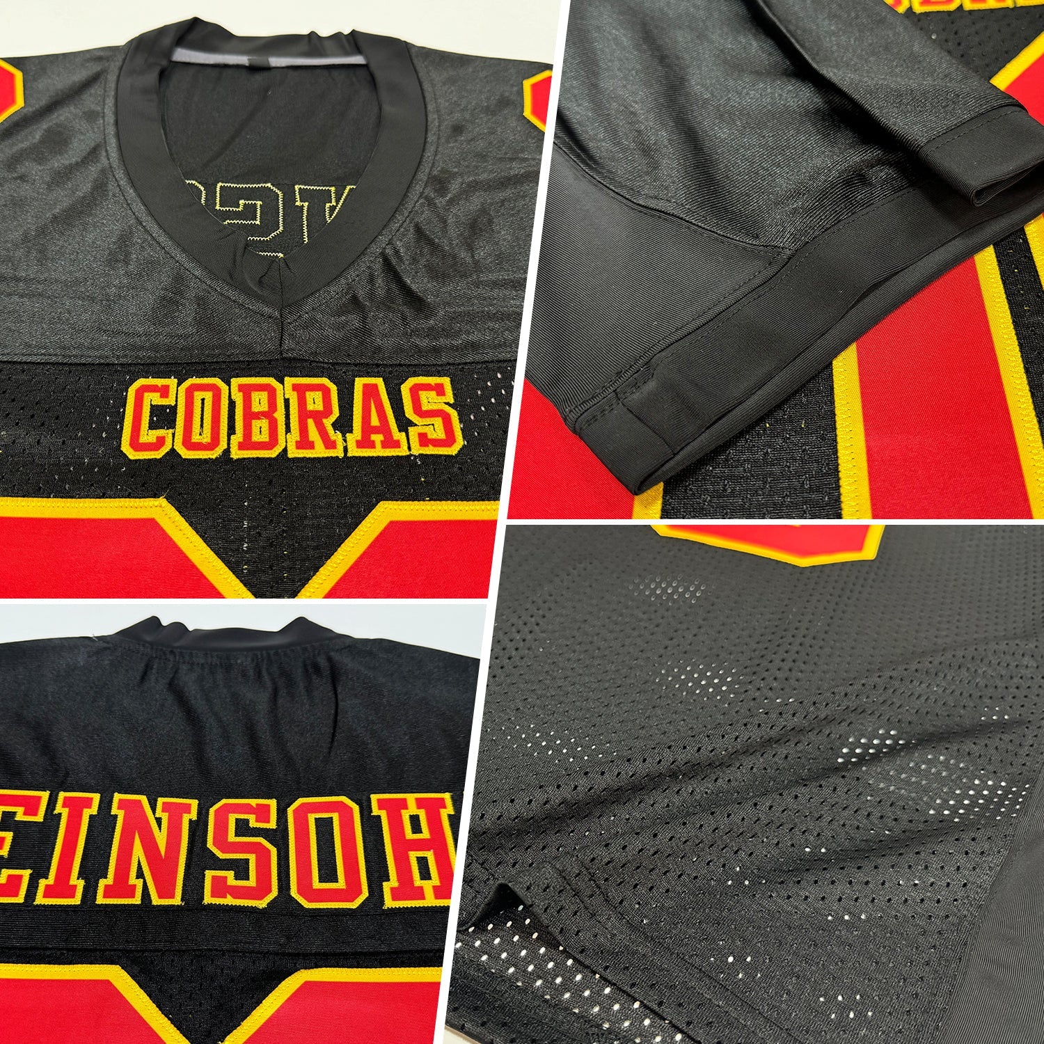 Custom Black Red-Gold Mesh Authentic Football Jersey view 2