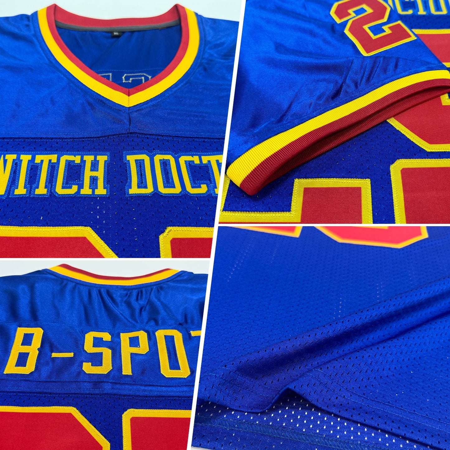 Custom Royal Red-Gold Mesh Authentic Throwback Football Jersey view 2
