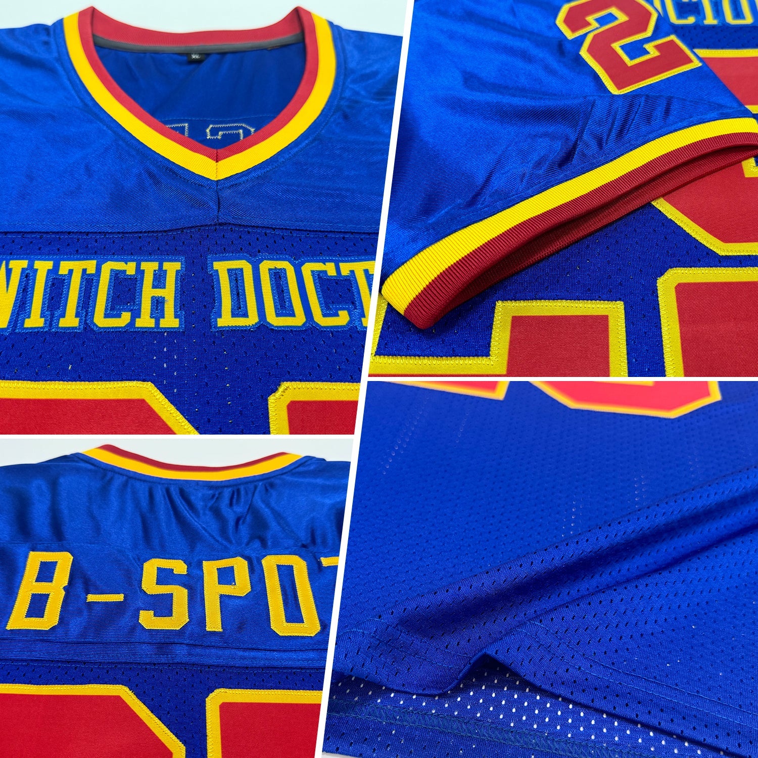 Custom Royal Red-Gold Mesh Authentic Throwback Football Jersey view 2