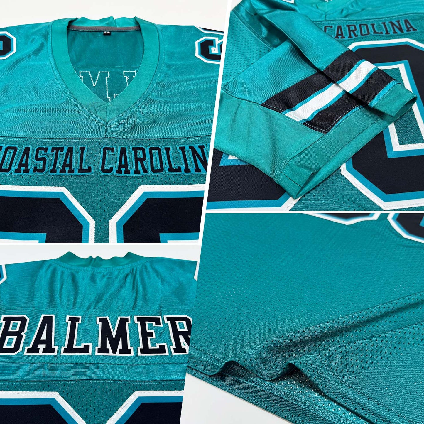 Custom Teal Black-White Mesh Authentic Football Jersey view 2