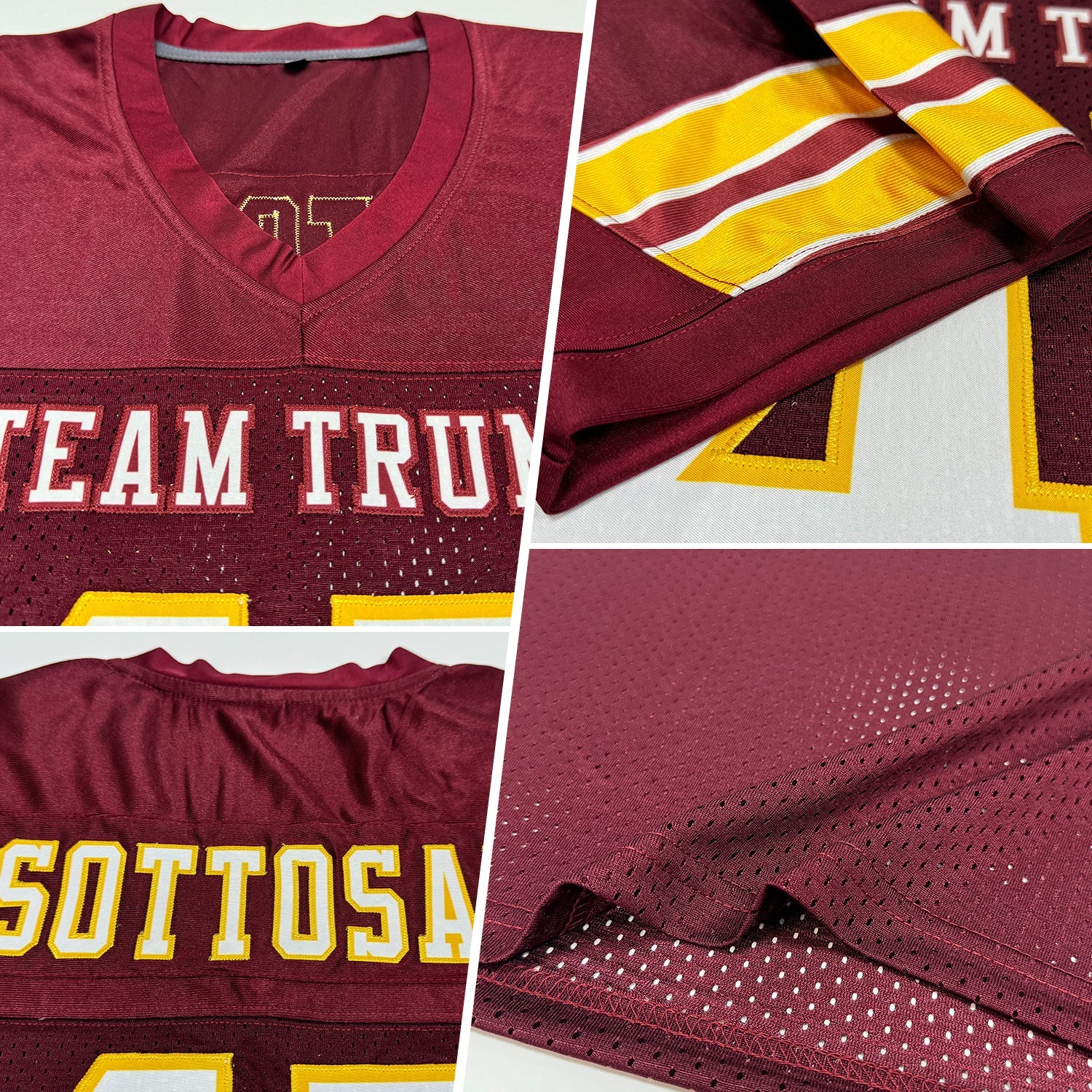 Custom Burgundy White-Gold Mesh Authentic Football Jersey view 2