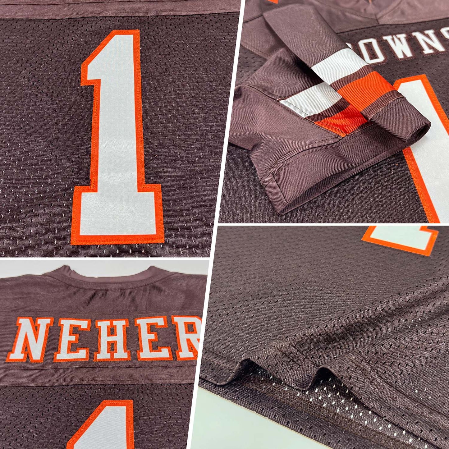 Custom Brown White-Orange Mesh Authentic Football Jersey view 2