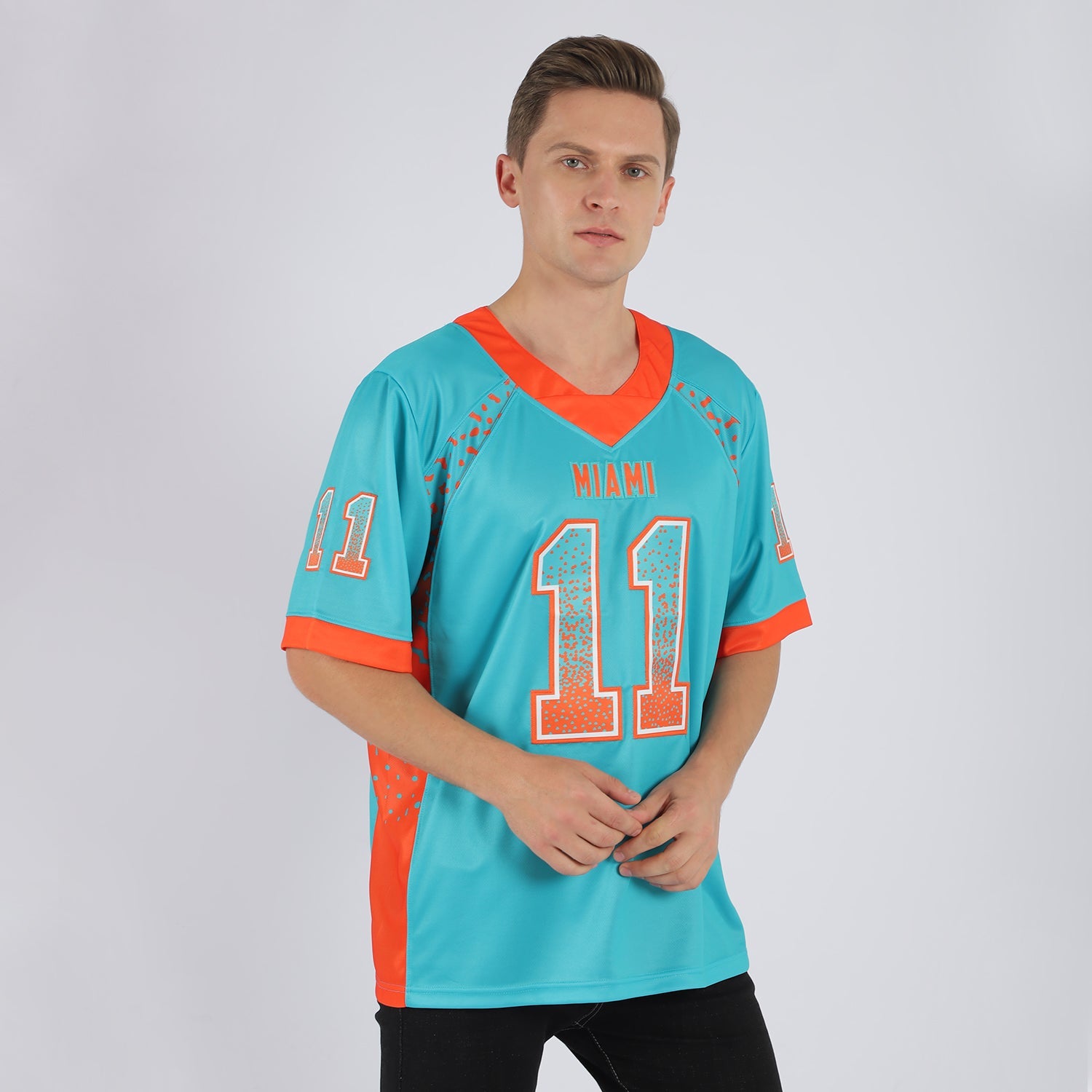 Custom Aqua Orange-White Drift Fashion Football Jersey view 2