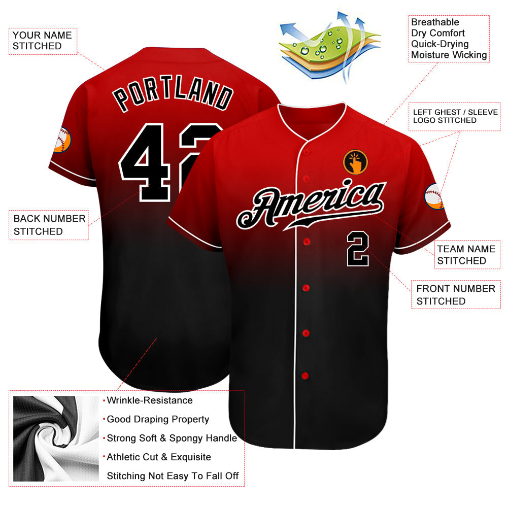 Custom Red Black-White Authentic Fade Fashion Baseball Jersey view 3