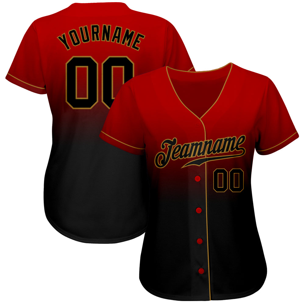 Custom Red Black-Old Gold Authentic Fade Fashion Baseball Jersey view 2