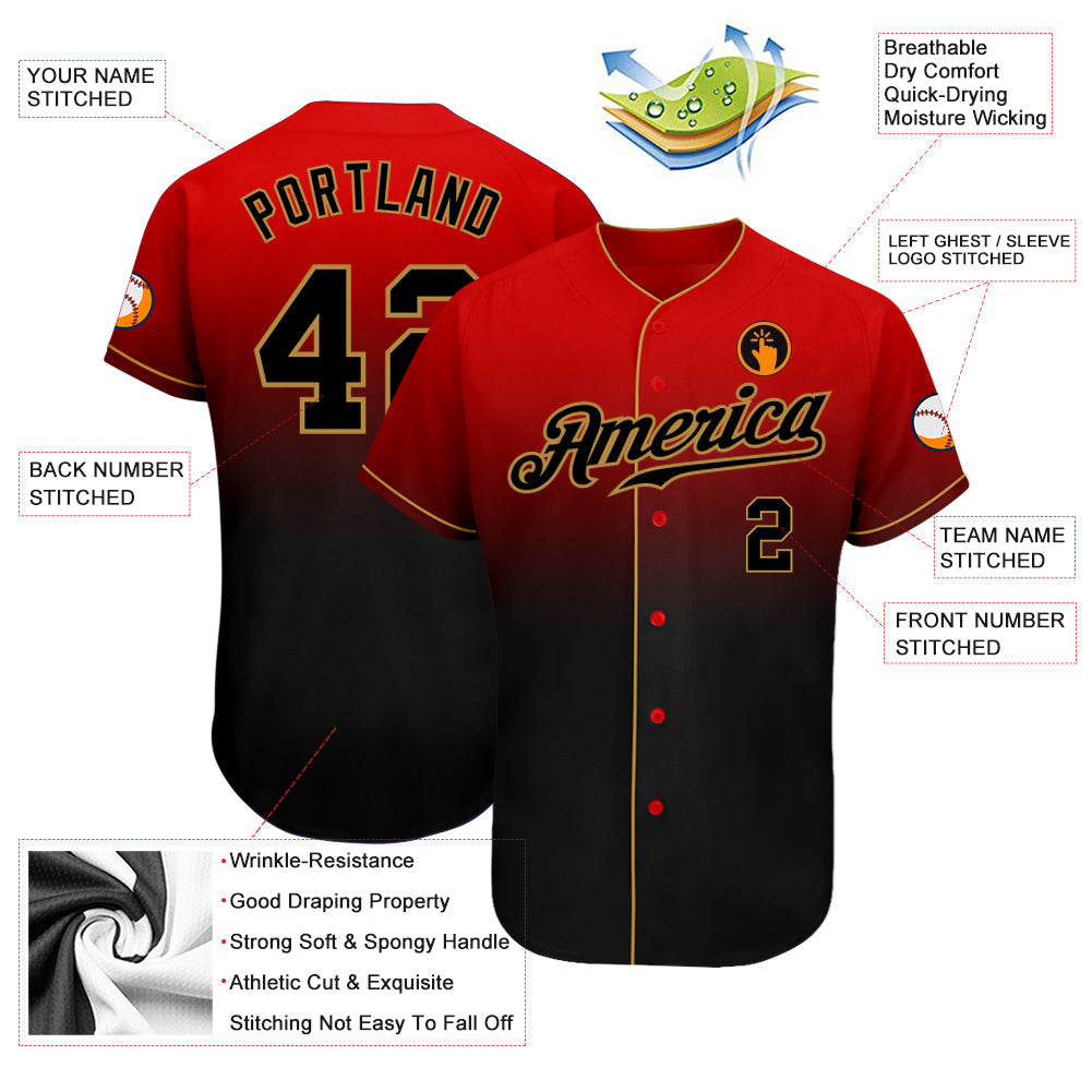 Custom Red Black-Old Gold Authentic Fade Fashion Baseball Jersey view 3