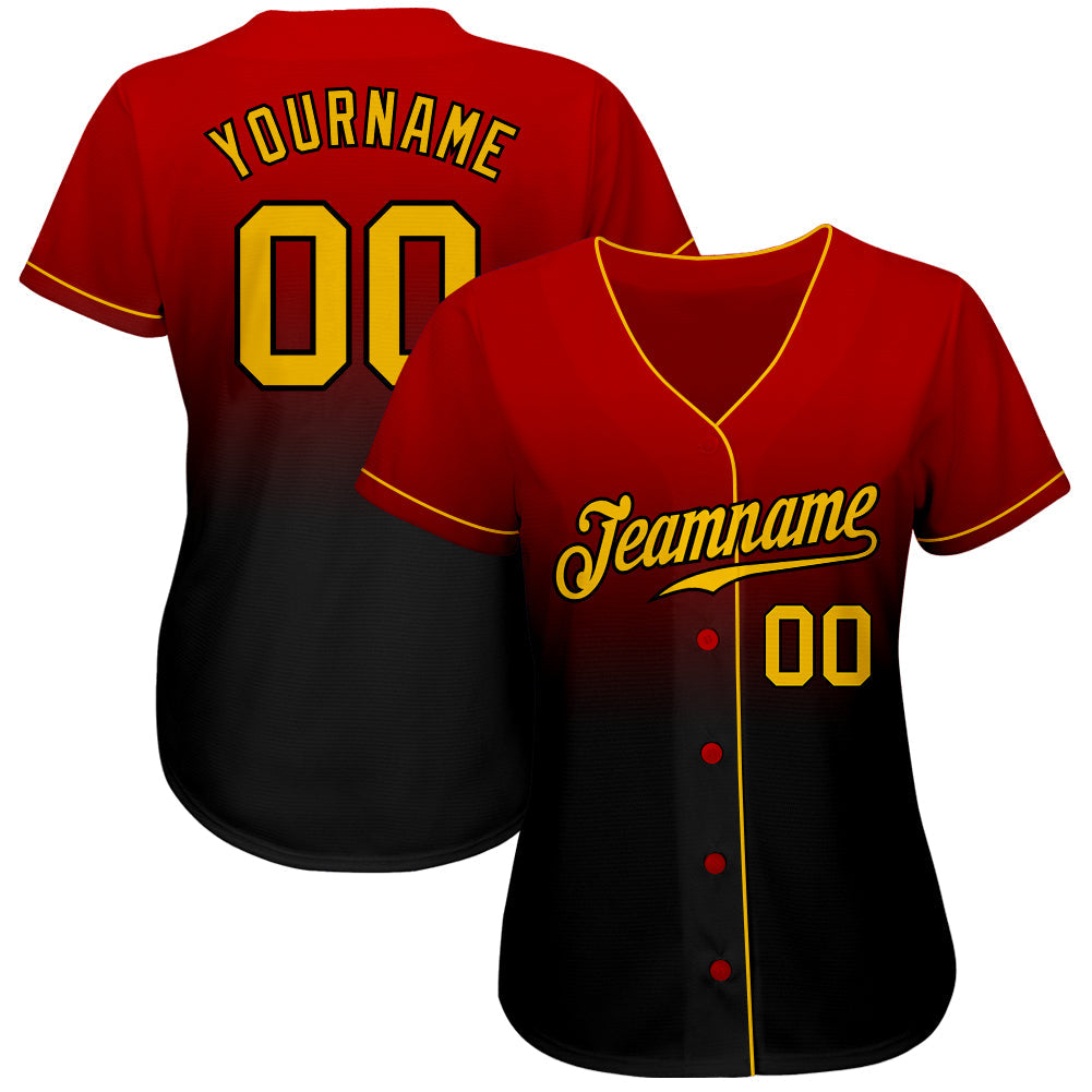 Custom Red Gold-Black Authentic Fade Fashion Baseball Jersey view 2