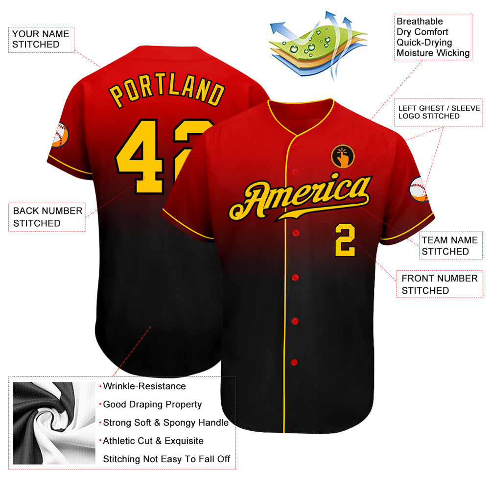 Custom Red Gold-Black Authentic Fade Fashion Baseball Jersey view 3