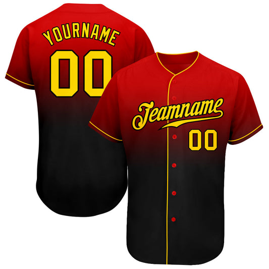 Custom Red Gold-Black Authentic Fade Fashion Baseball Jersey - Main View