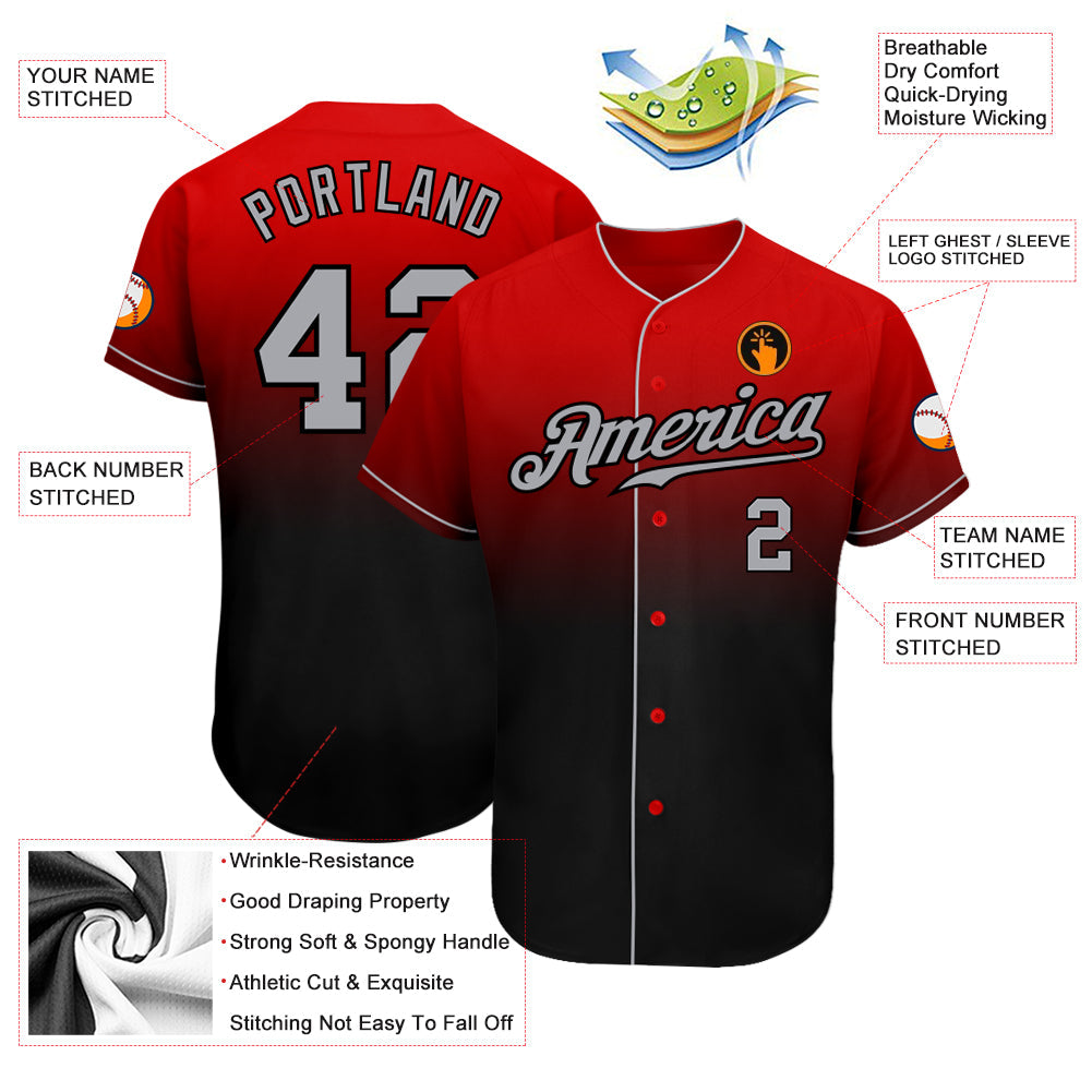 Custom Red Gray-Black Authentic Fade Fashion Baseball Jersey view 3
