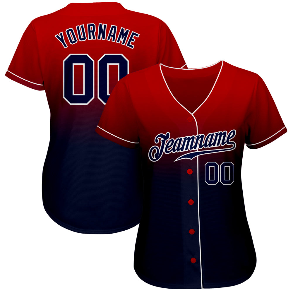 Custom Red Navy-White Authentic Fade Fashion Baseball Jersey view 2