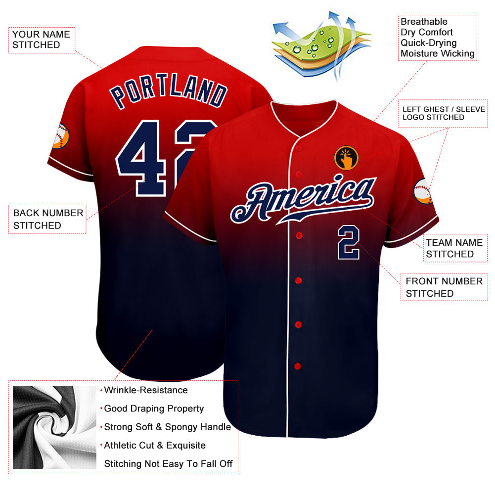 Custom Red Navy-White Authentic Fade Fashion Baseball Jersey view 3