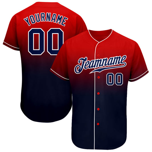 Custom Red Navy-White Authentic Fade Fashion Baseball Jersey - Main View
