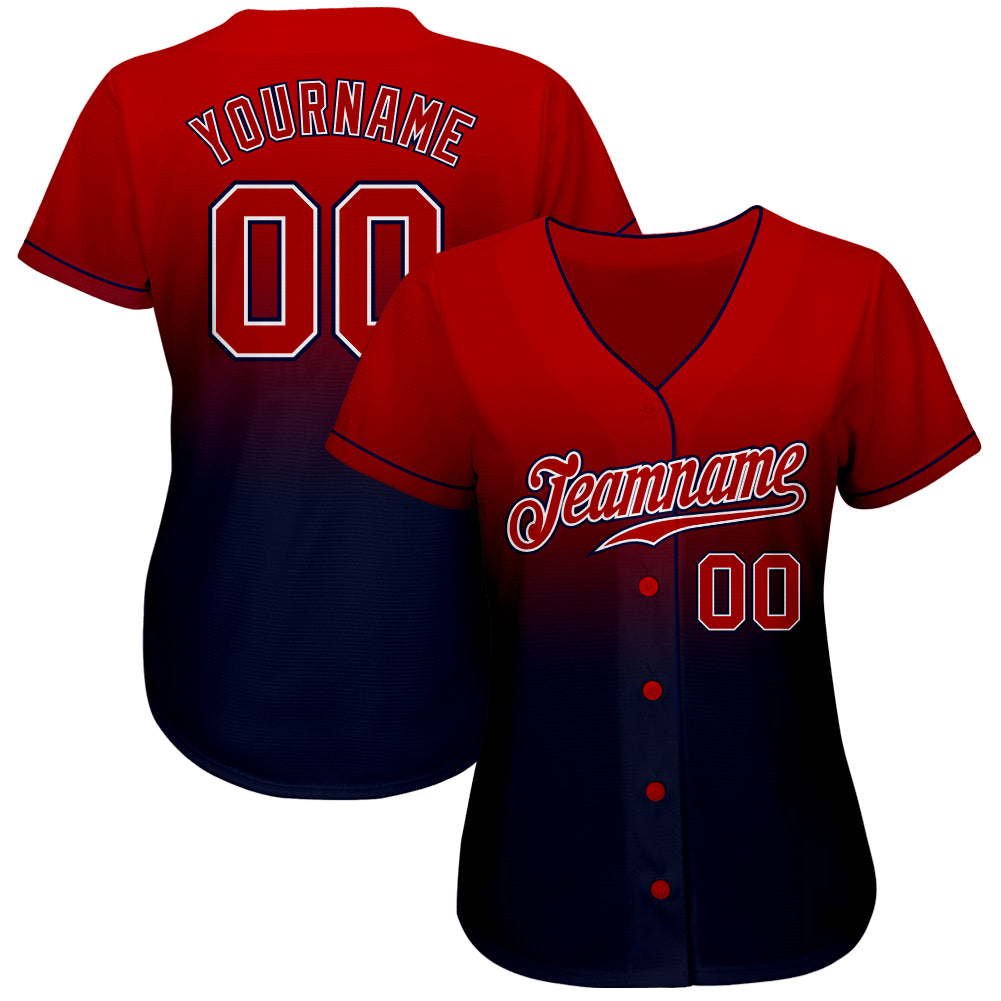 Custom Navy Red-White Authentic Fade Fashion Baseball Jersey view 2