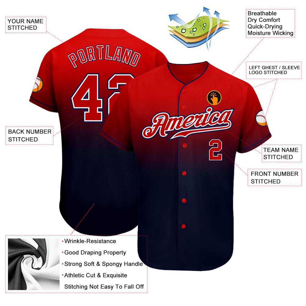Custom Navy Red-White Authentic Fade Fashion Baseball Jersey view 3
