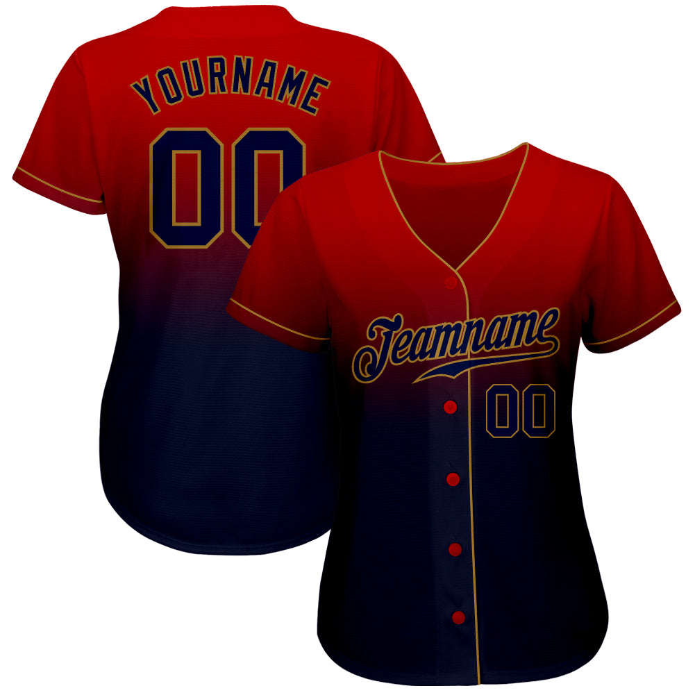 Custom Red Navy-Old Gold Authentic Fade Fashion Baseball Jersey view 2