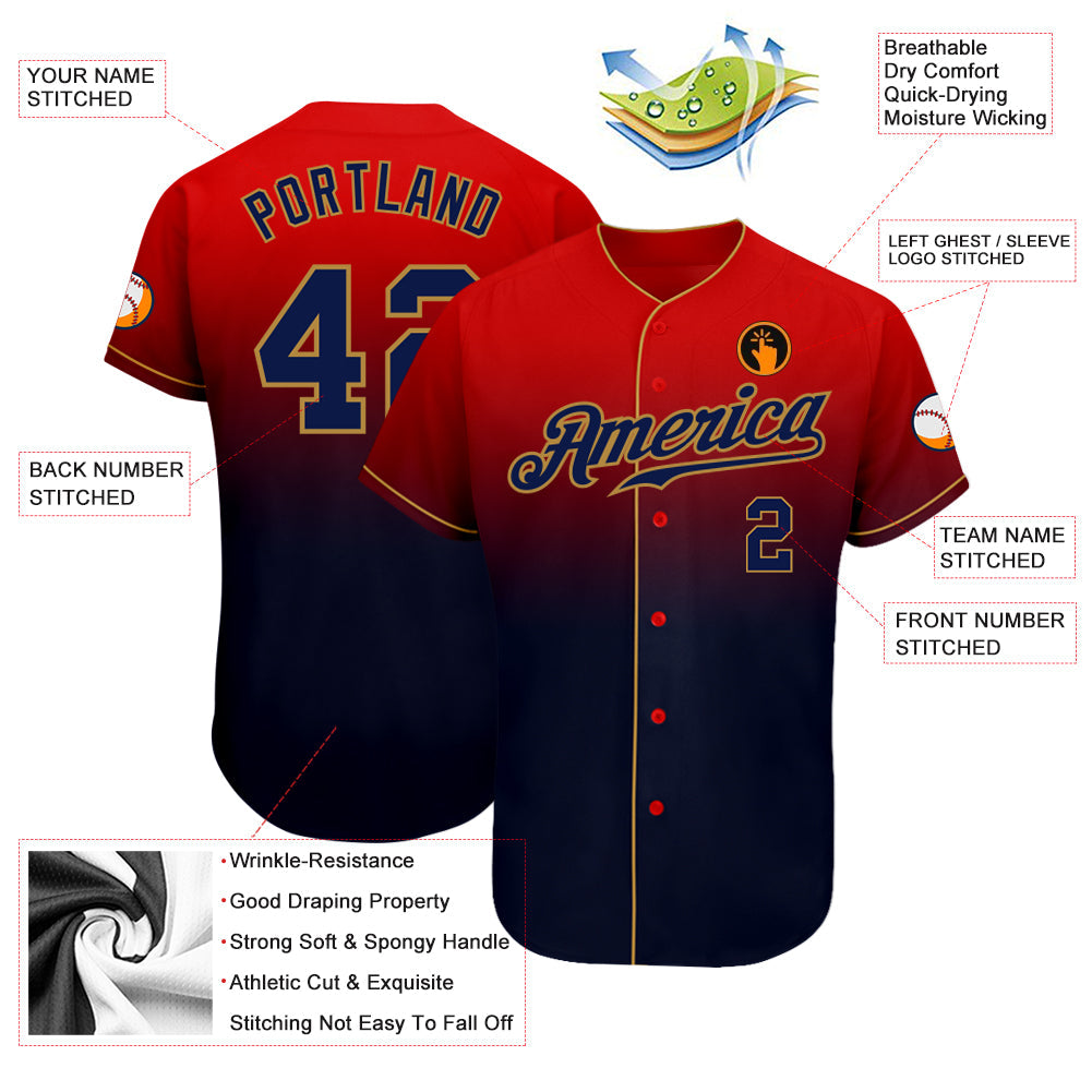 Custom Red Navy-Old Gold Authentic Fade Fashion Baseball Jersey view 3
