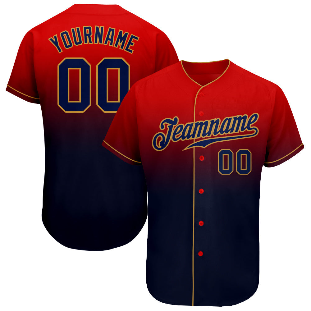 Custom Red Navy-Old Gold Authentic Fade Fashion Baseball Jersey - Main View