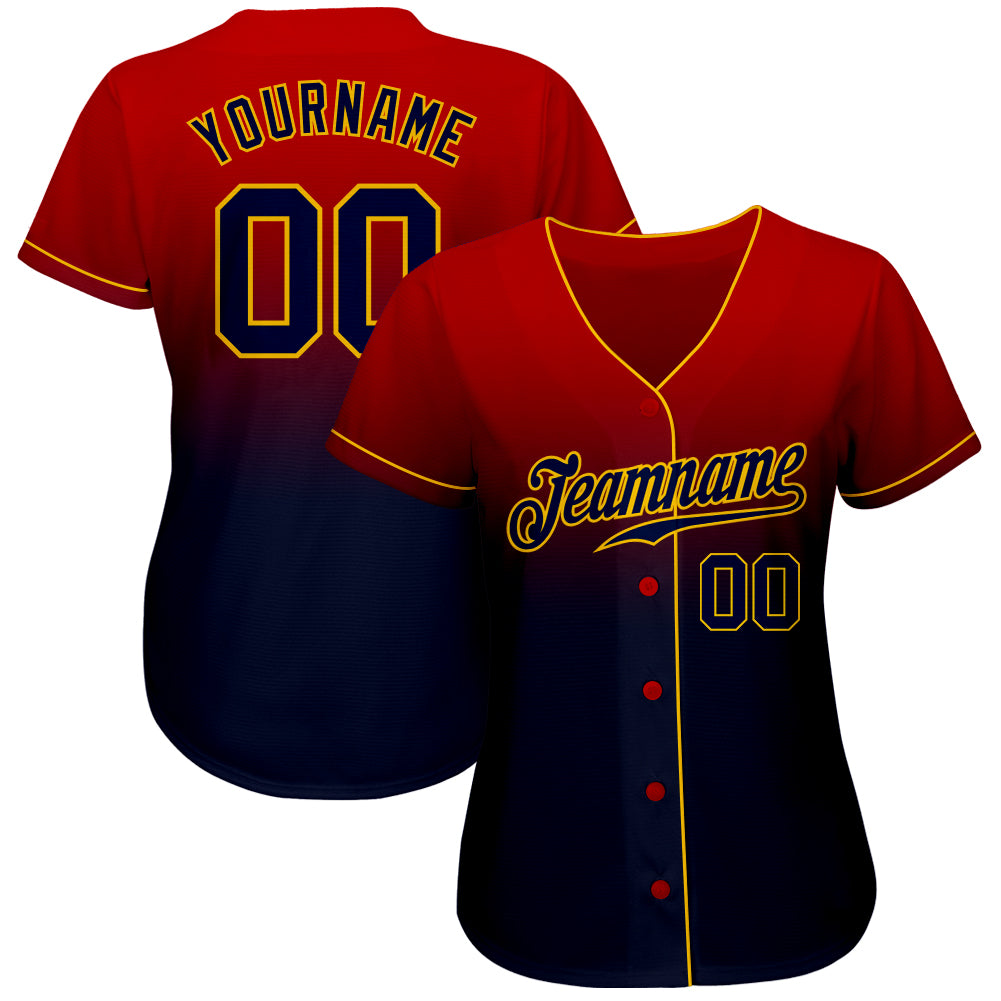 Custom Red Navy-Gold Authentic Fade Fashion Baseball Jersey view 2