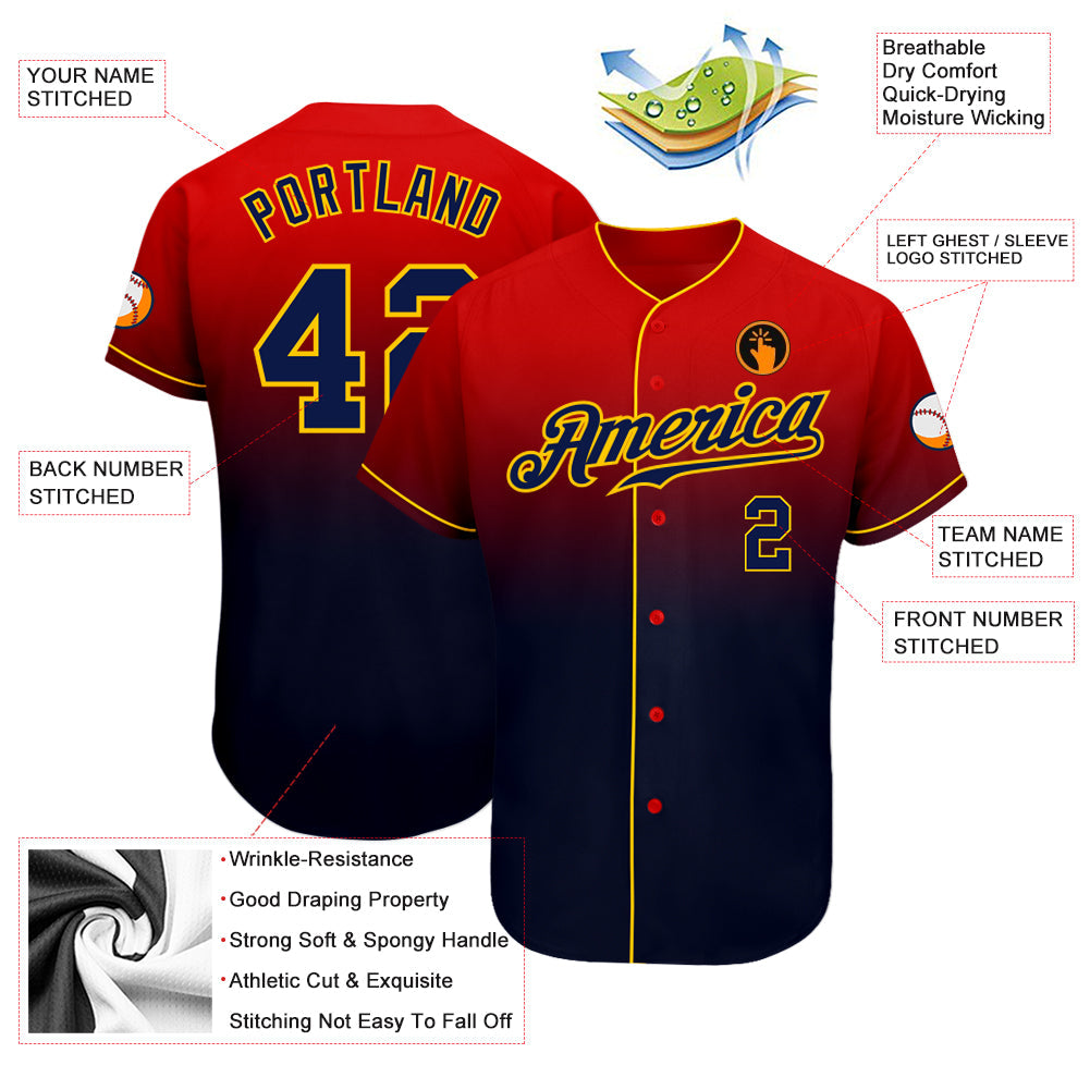 Custom Red Navy-Gold Authentic Fade Fashion Baseball Jersey view 3