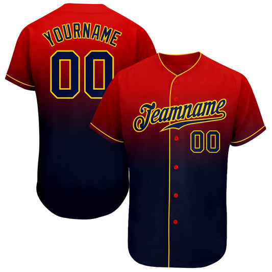 Custom Red Navy-Gold Authentic Fade Fashion Baseball Jersey - Main View