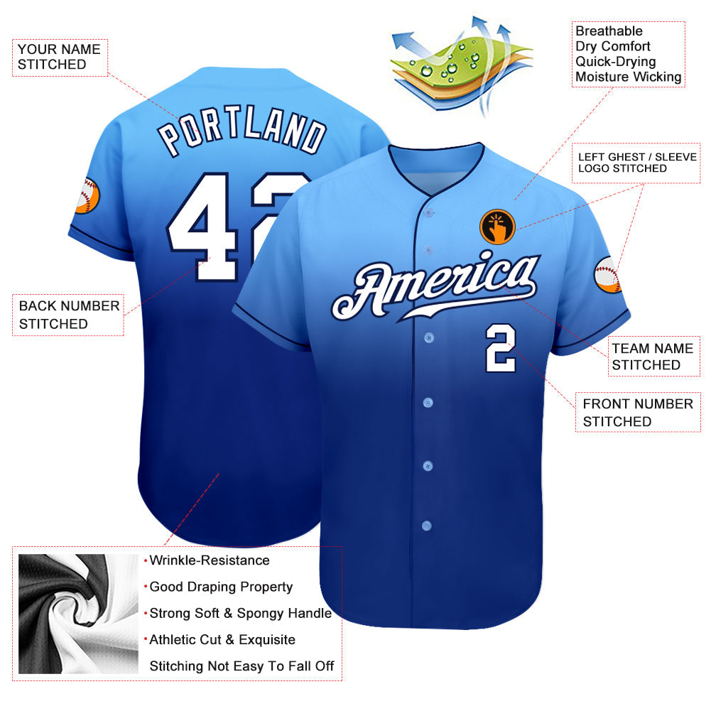 Custom Light Blue White-Royal Authentic Fade Fashion Baseball Jersey view 3