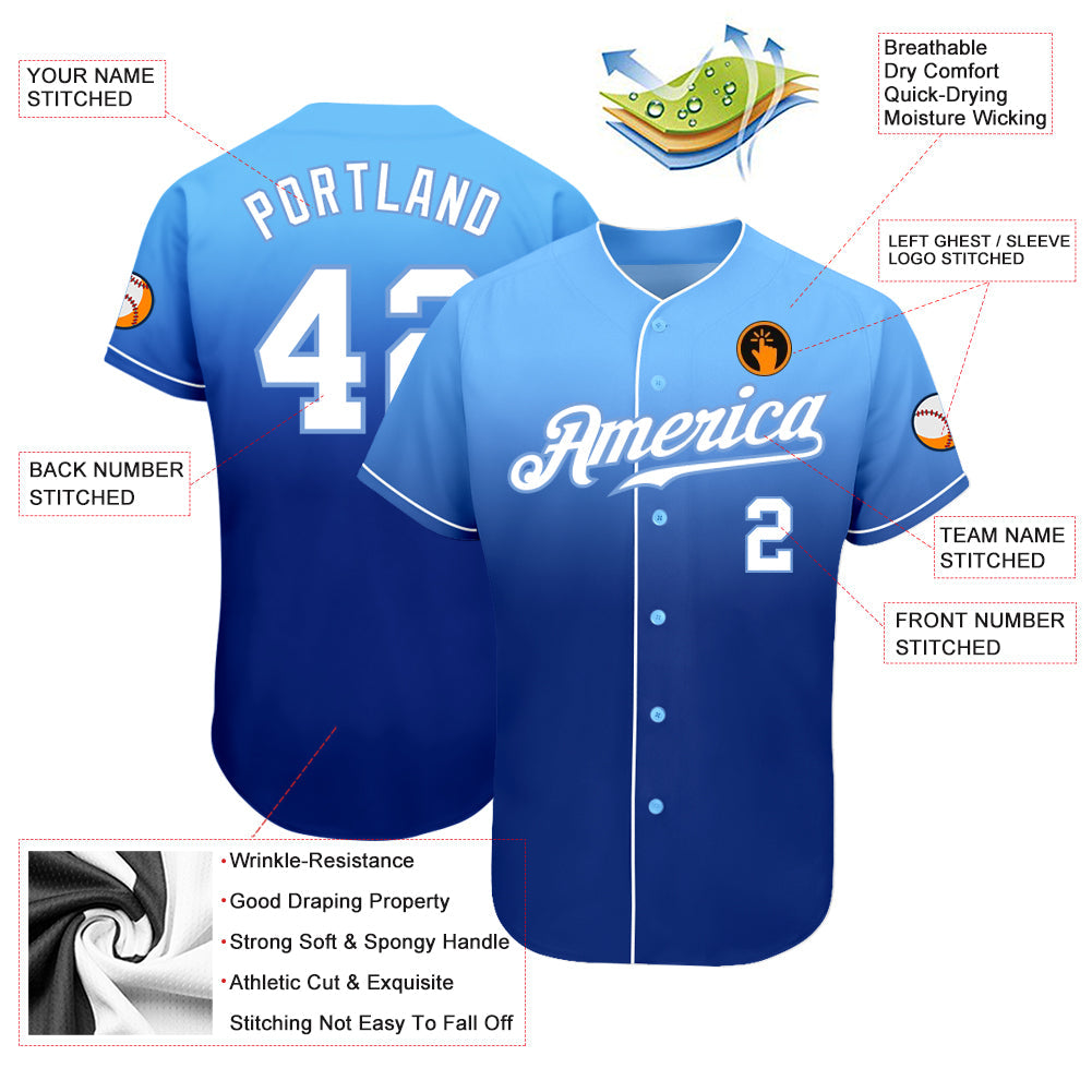 Custom Light Blue White-Royal Authentic Fade Fashion Baseball Jersey view 3