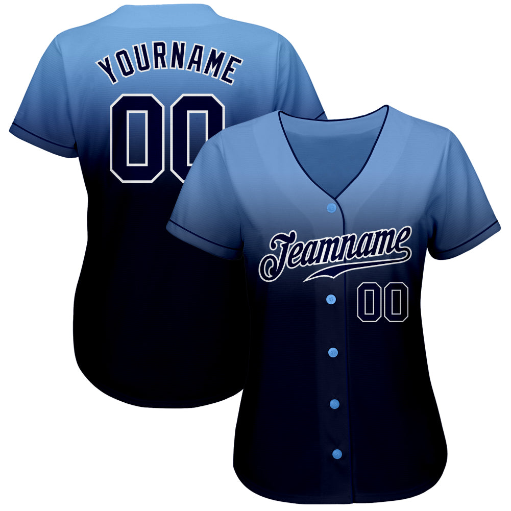 Custom Light Blue Navy-White Authentic Fade Fashion Baseball Jersey view 3