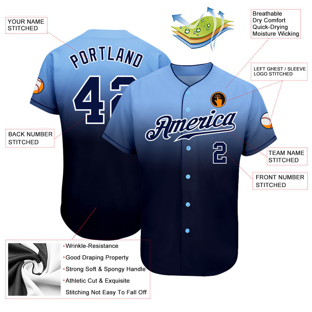 Custom Light Blue Navy-White Authentic Fade Fashion Baseball Jersey view 4