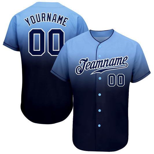 Custom Light Blue Navy-White Authentic Fade Fashion Baseball Jersey - Main View