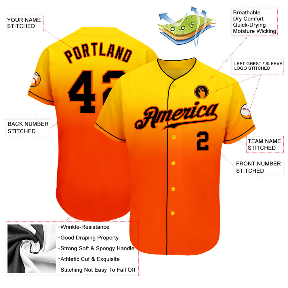 Custom Yellow Black-Orange Authentic Fade Fashion Baseball Jersey view 3