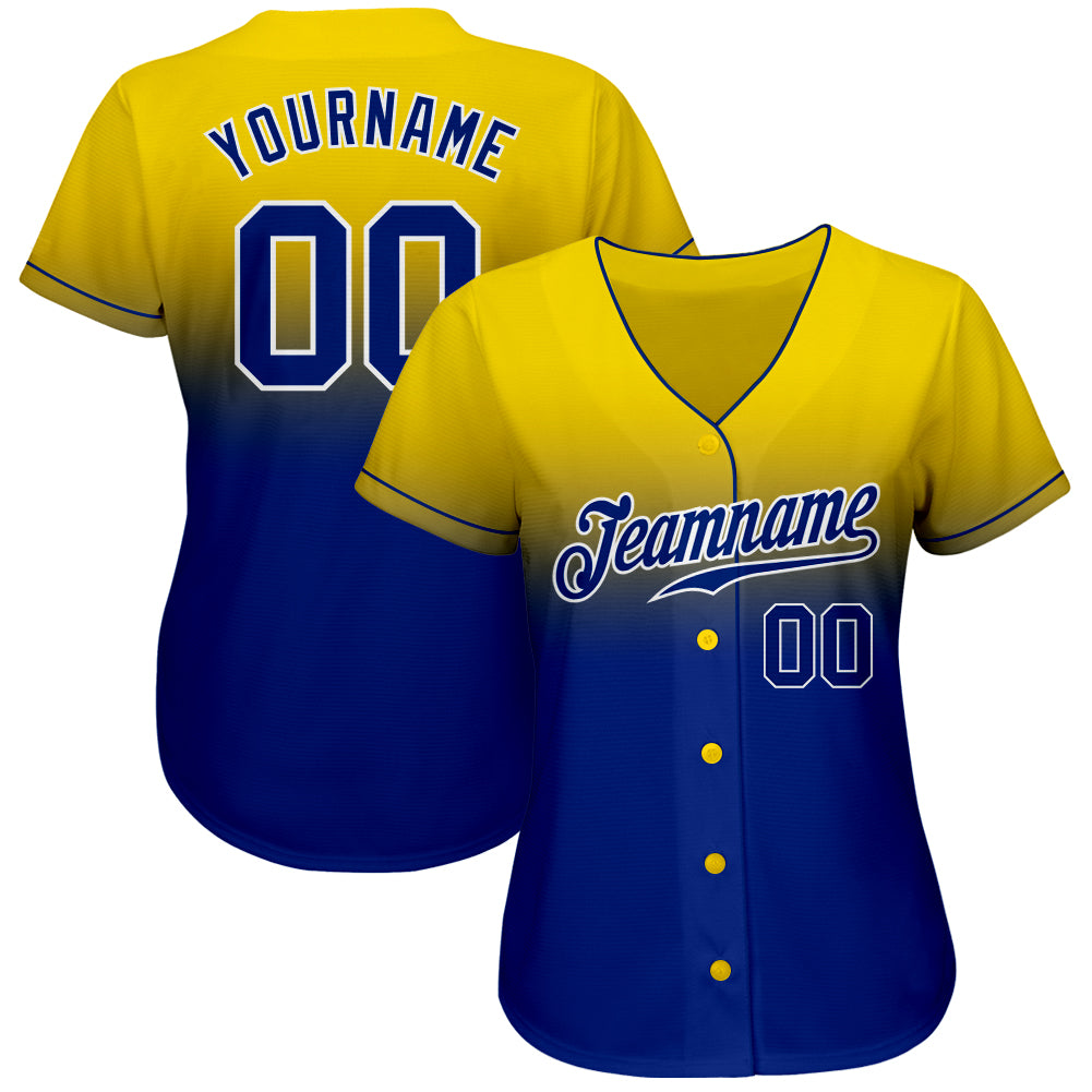 Custom Yellow Royal-White Authentic Fade Fashion Baseball Jersey view 2