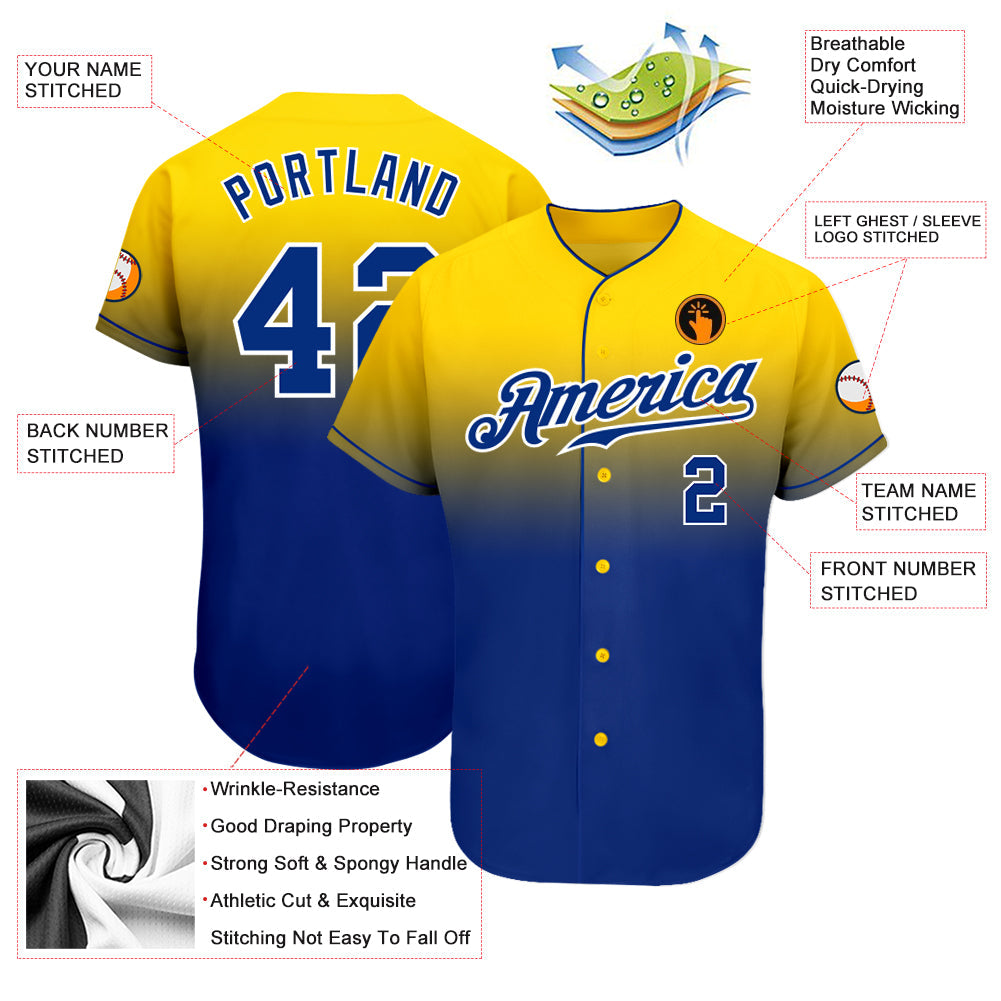 Custom Yellow Royal-White Authentic Fade Fashion Baseball Jersey view 3