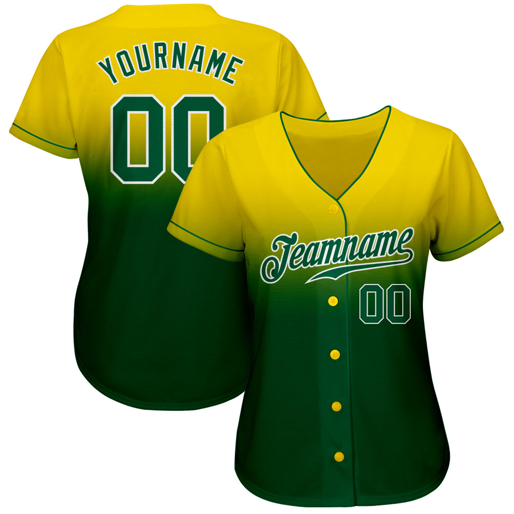 Custom Yellow Kelly Green-White Authentic Fade Fashion Baseball Jersey view 2
