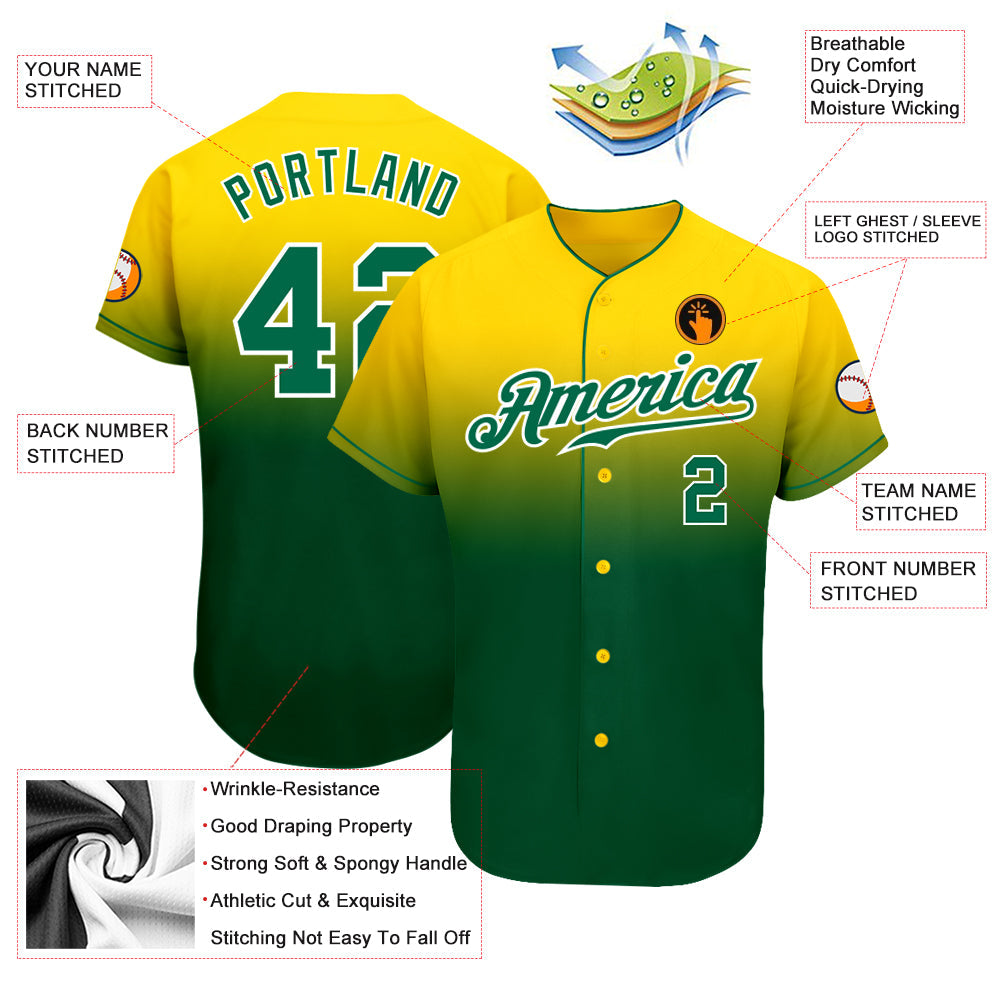 Custom Yellow Kelly Green-White Authentic Fade Fashion Baseball Jersey view 3