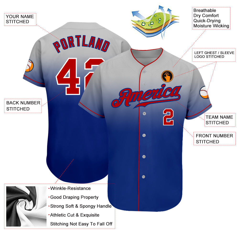 Custom Gray Red-Royal Authentic Fade Fashion Baseball Jersey view 3