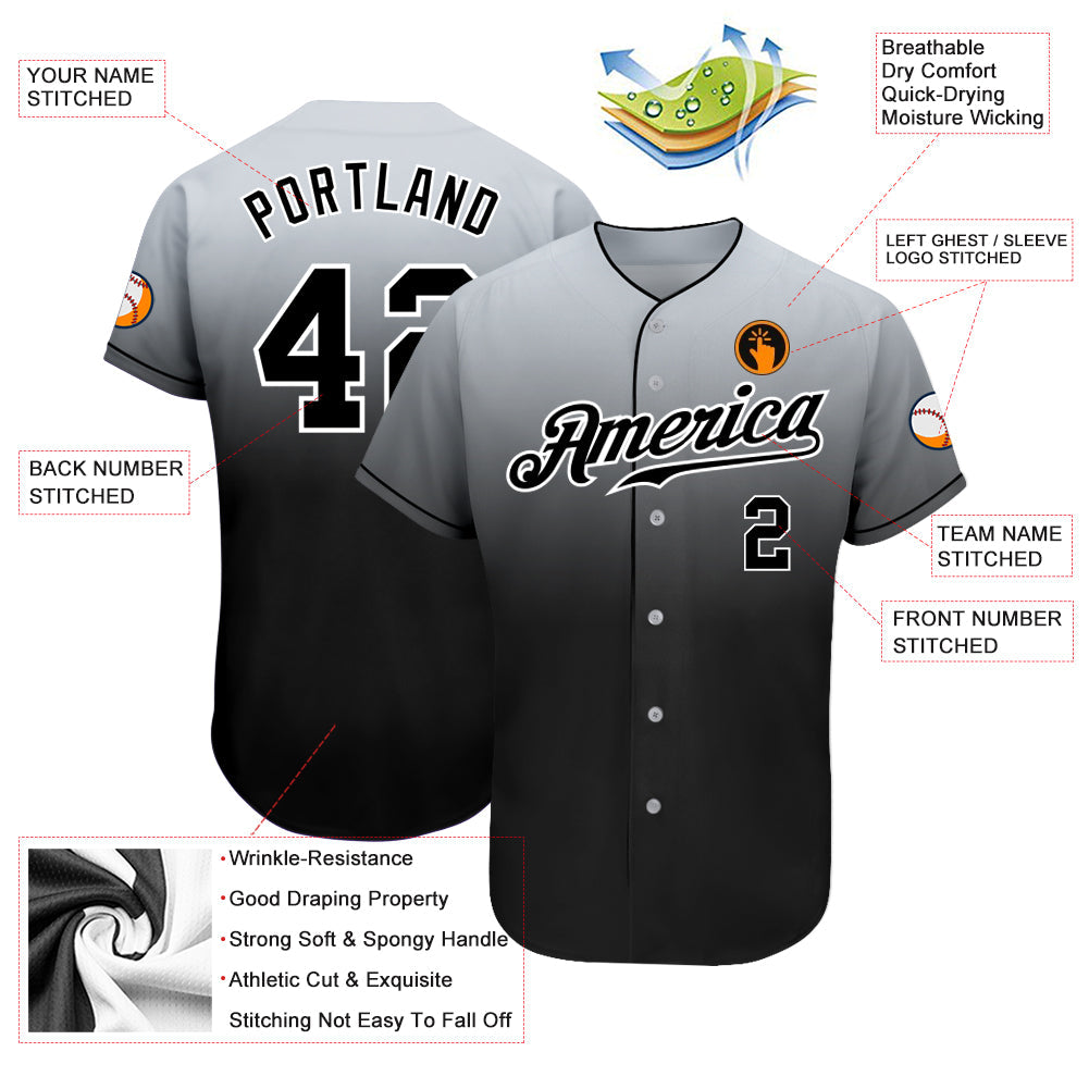 Custom Gray Black-White Authentic Fade Fashion Baseball Jersey view 3