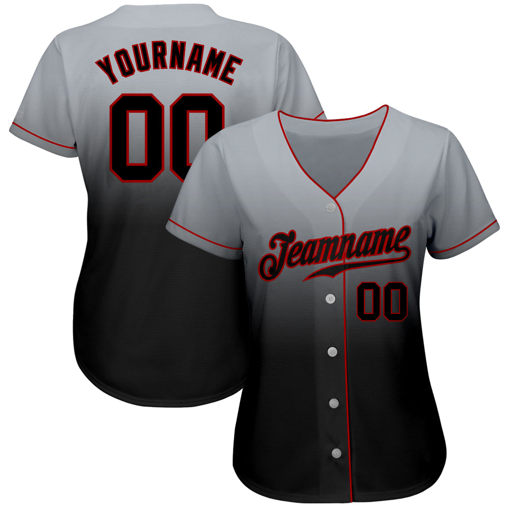 Custom Gray Black-Red Authentic Fade Fashion Baseball Jersey view 2