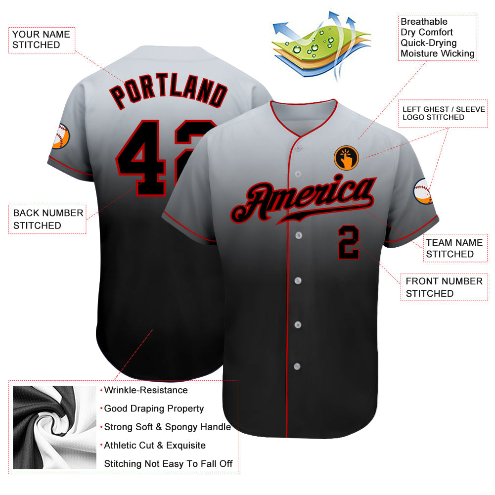 Custom Gray Black-Red Authentic Fade Fashion Baseball Jersey view 3