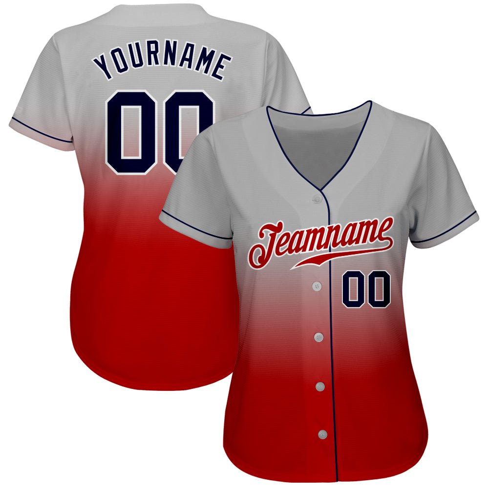 Custom Gray Navy-Red Authentic Fade Fashion Baseball Jersey view 2