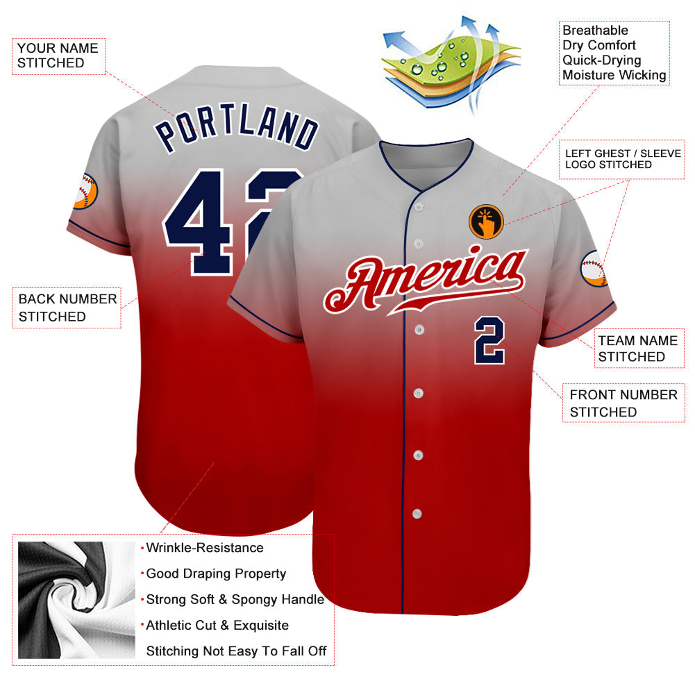 Custom Gray Navy-Red Authentic Fade Fashion Baseball Jersey view 3