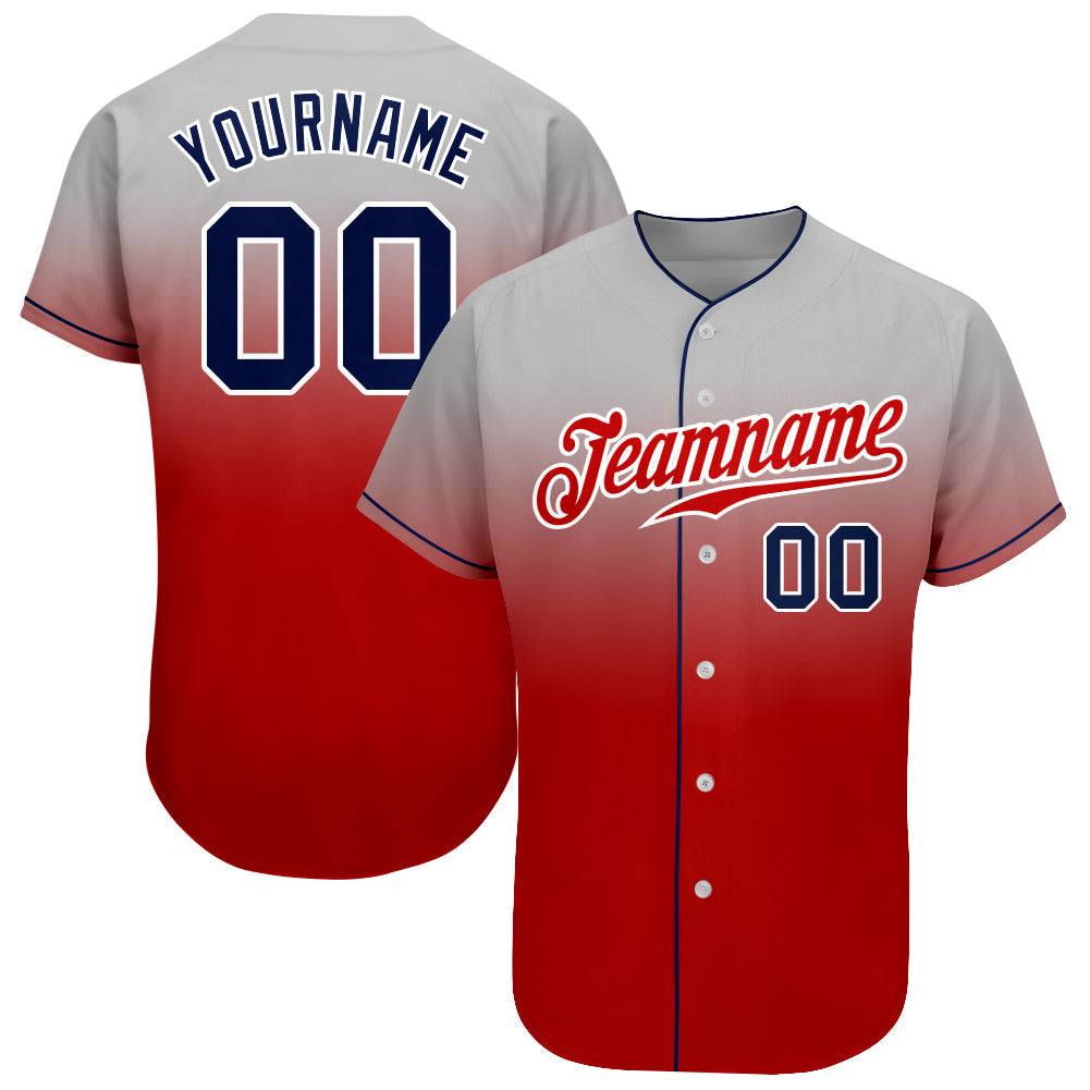 Custom Gray Navy-Red Authentic Fade Fashion Baseball Jersey - Main View