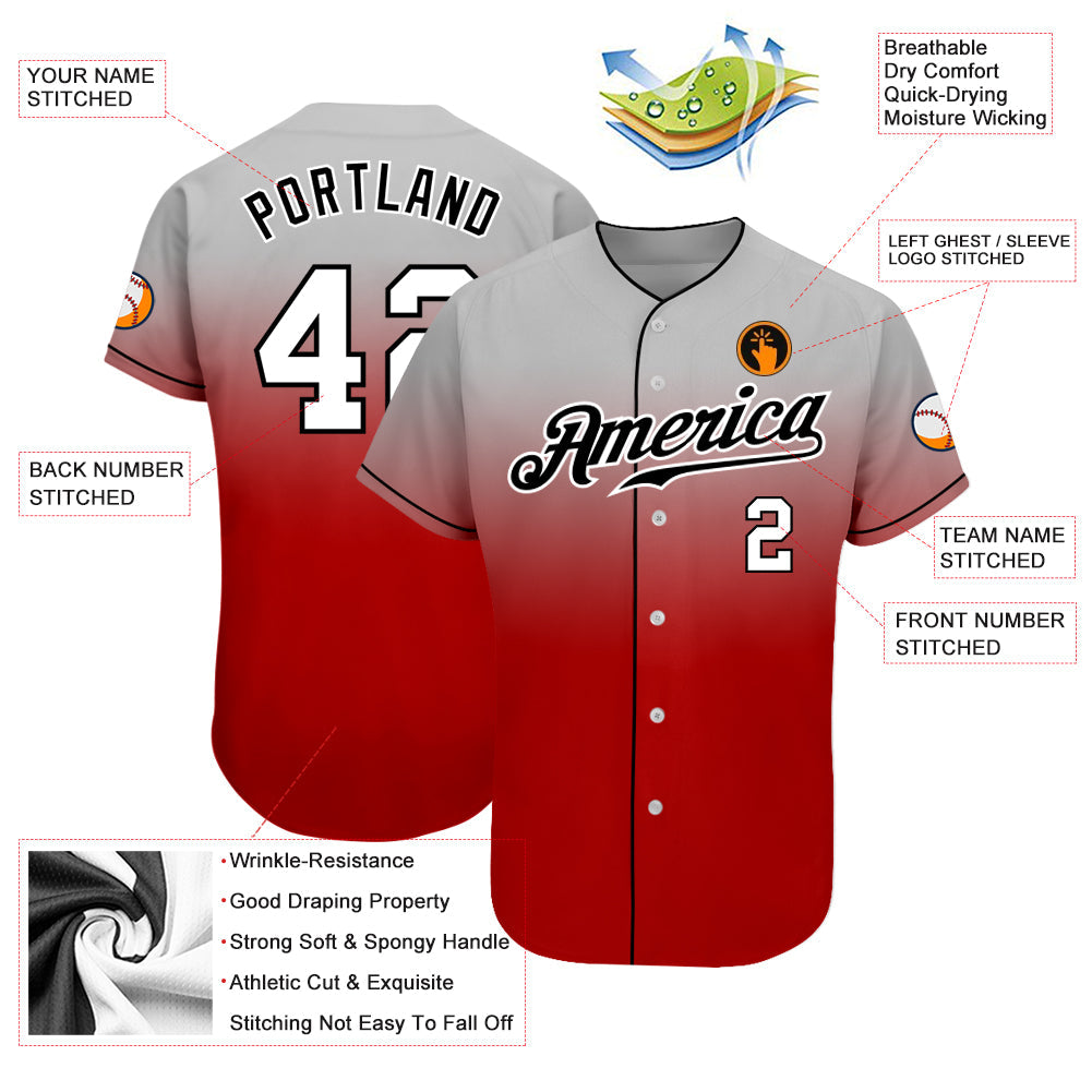 Custom Gray White-Red Authentic Fade Fashion Baseball Jersey view 3