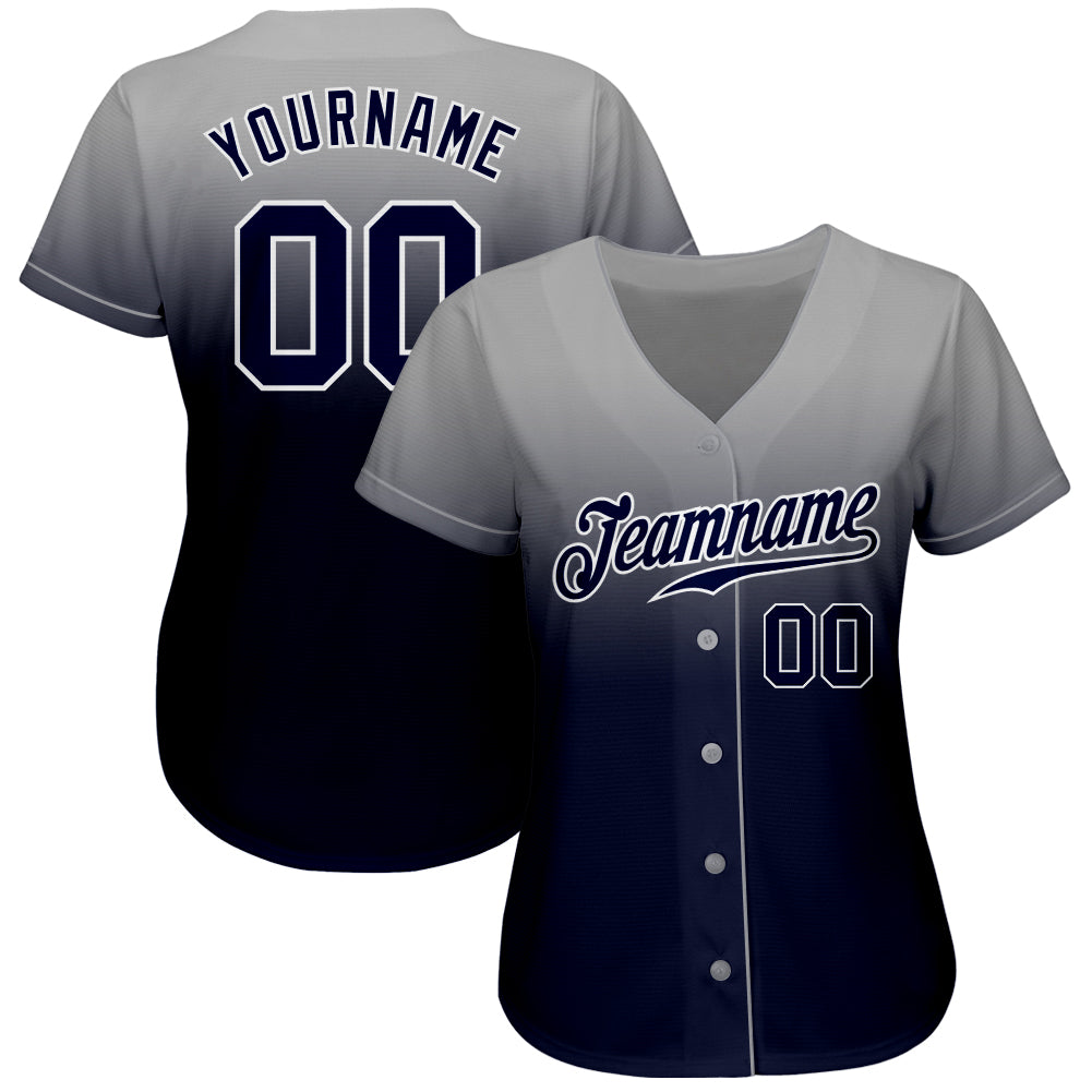 Custom Gray Navy-White Authentic Fade Fashion Baseball Jersey view 2