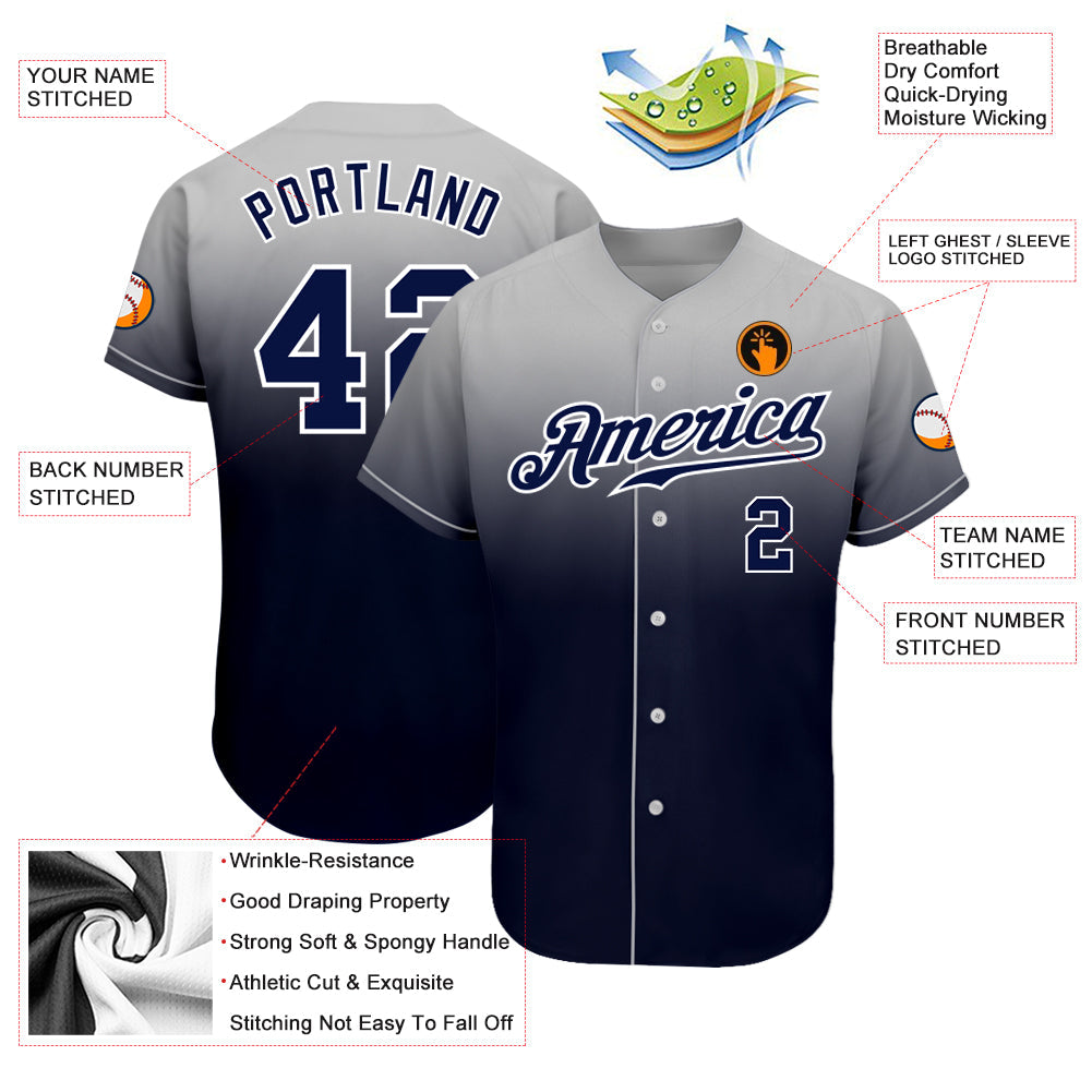 Custom Gray Navy-White Authentic Fade Fashion Baseball Jersey view 3